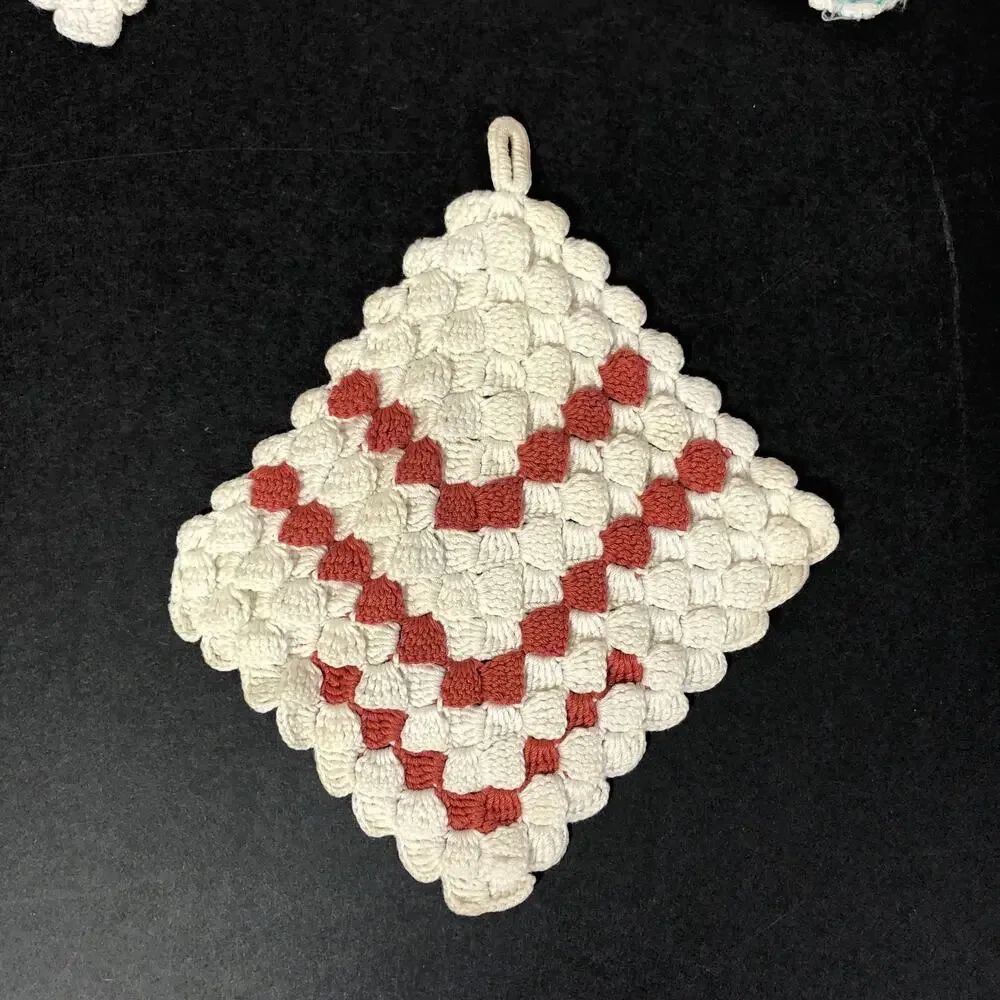 Vintage Potholders, Crocheted Pink, Aqua Blue, Red and White, Set of Four Retro